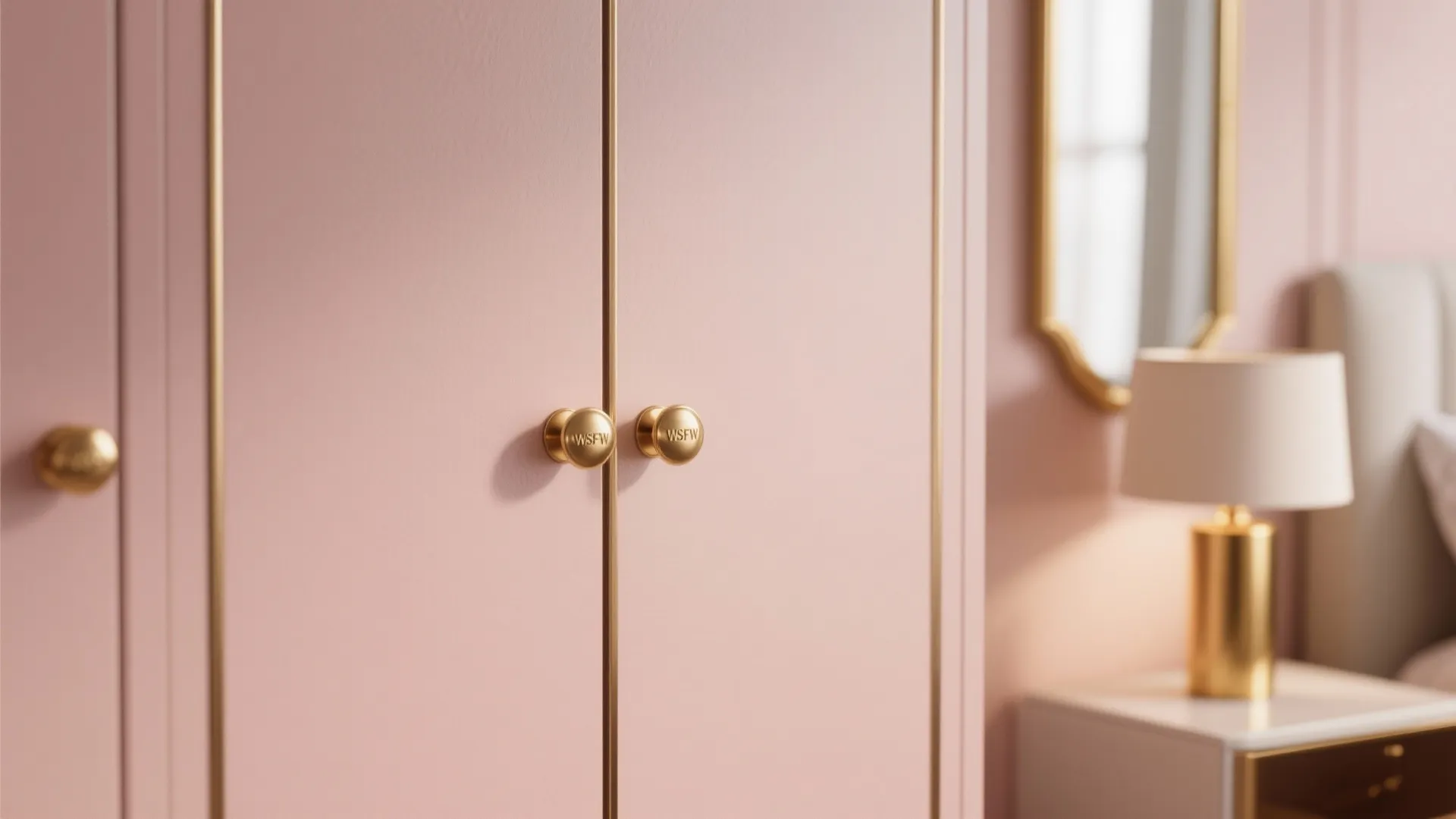 Close up of pink cabinet doors with round gold handles in a bright modern bedroom
