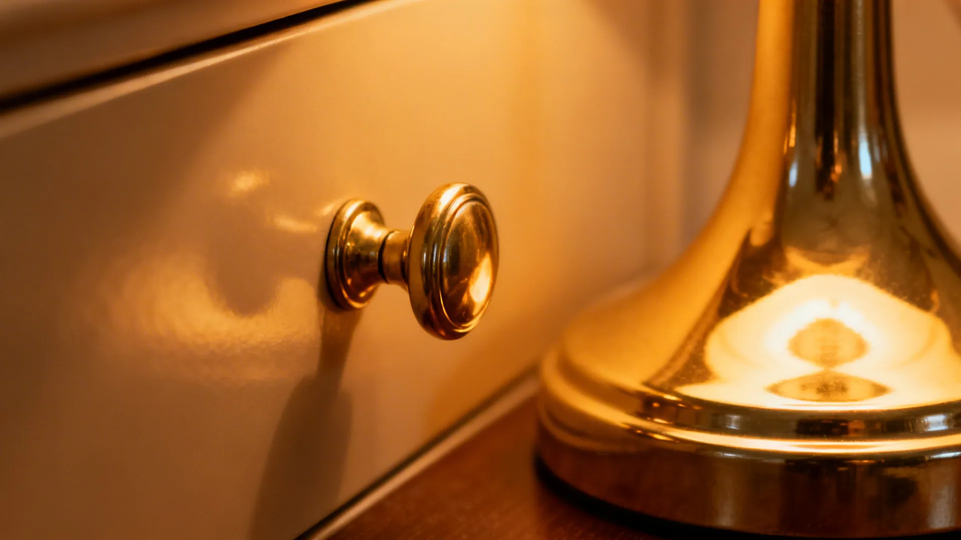 Close-up of brass drawer pull and lamp base showing consistent warm gold finish.