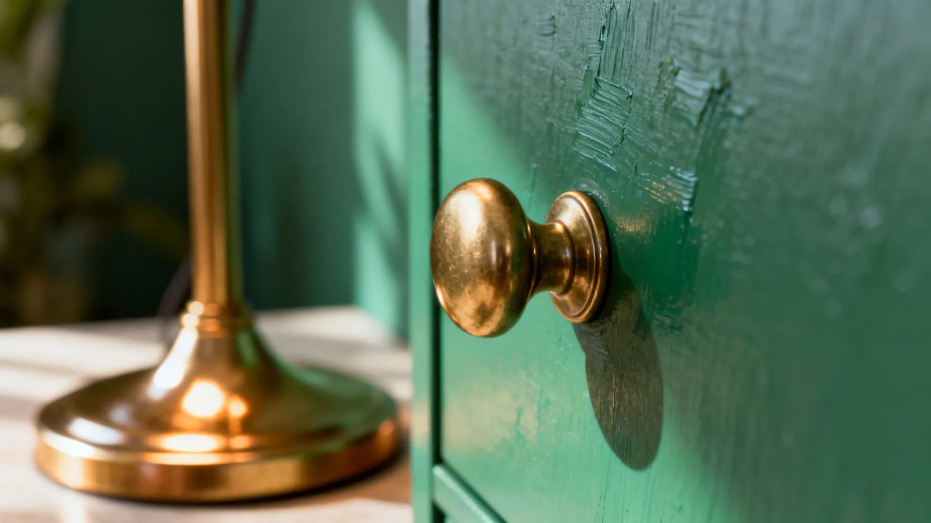 Macro of matte brass knob and lamp base with emerald background