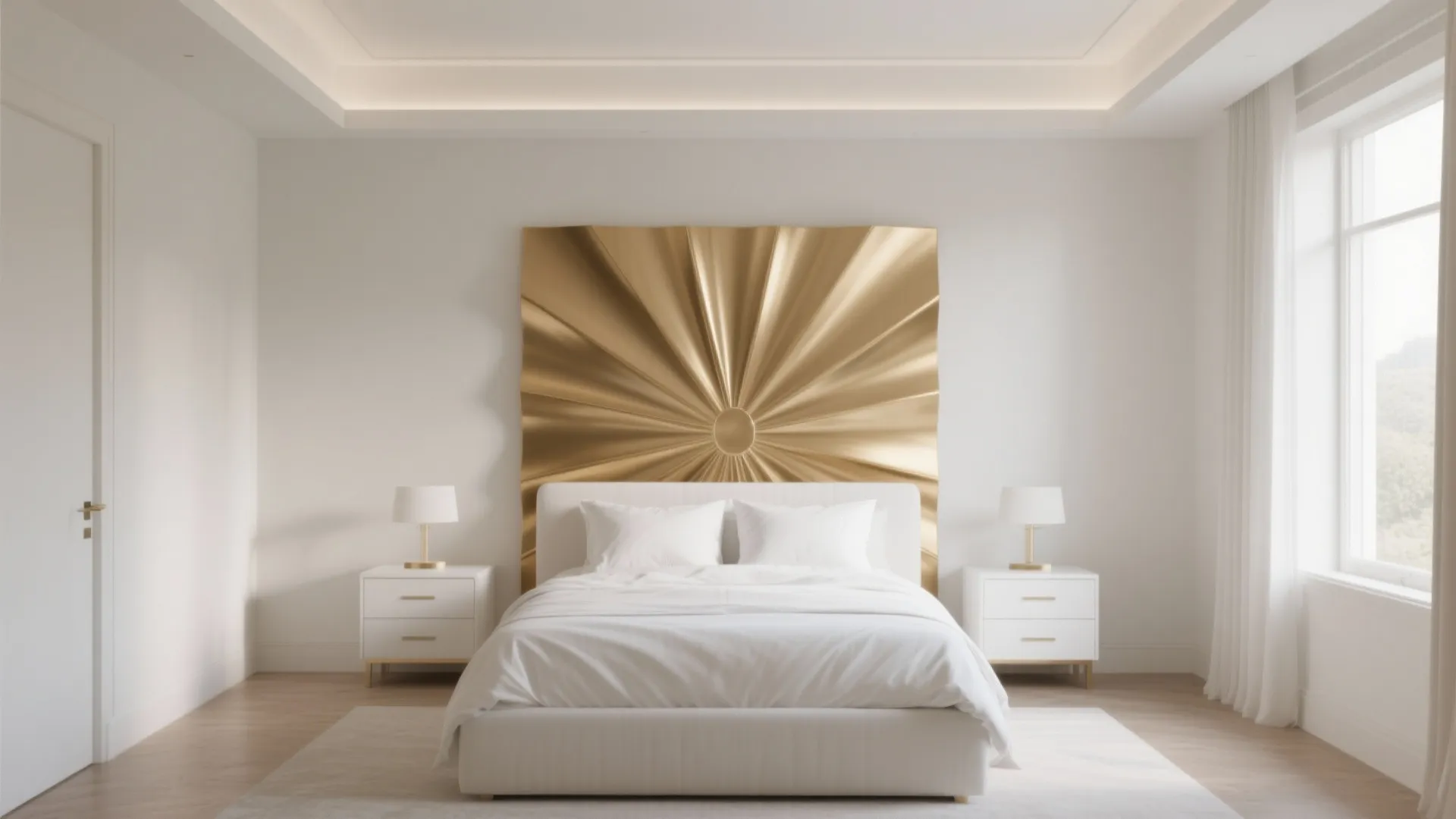 2. Statement gold headboard with minimal white furnishings