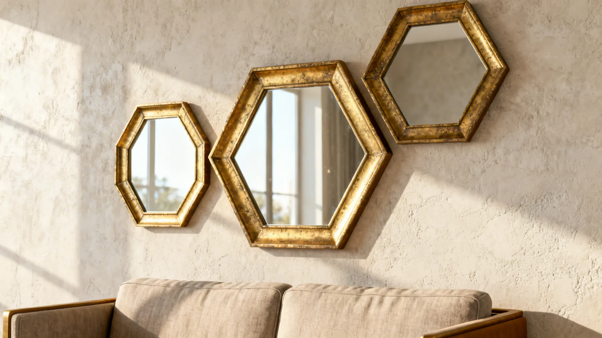 Three brushed gold hexagon mirrors hung asymmetrically above a small sofa reflecting daylight