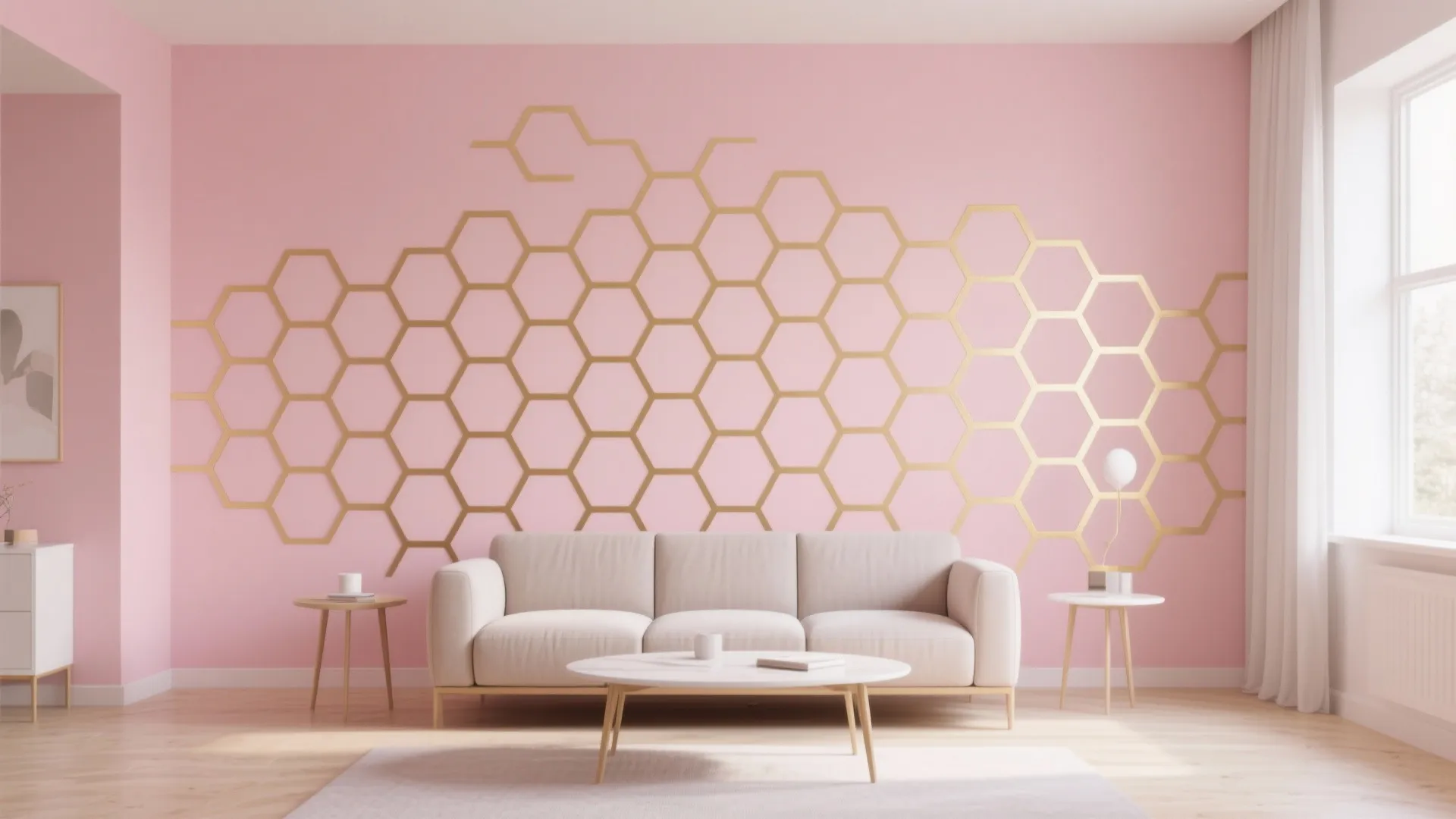 Modern living room with gold honeycomb wall pattern and white sofa on light wood floor layout