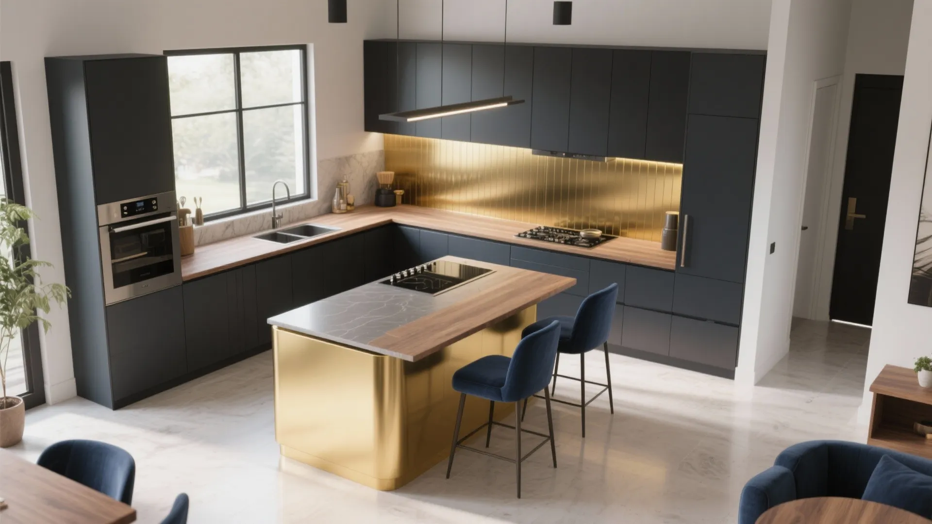 Modern black kitchen with gold island and gold wall panel behind the stove and sink