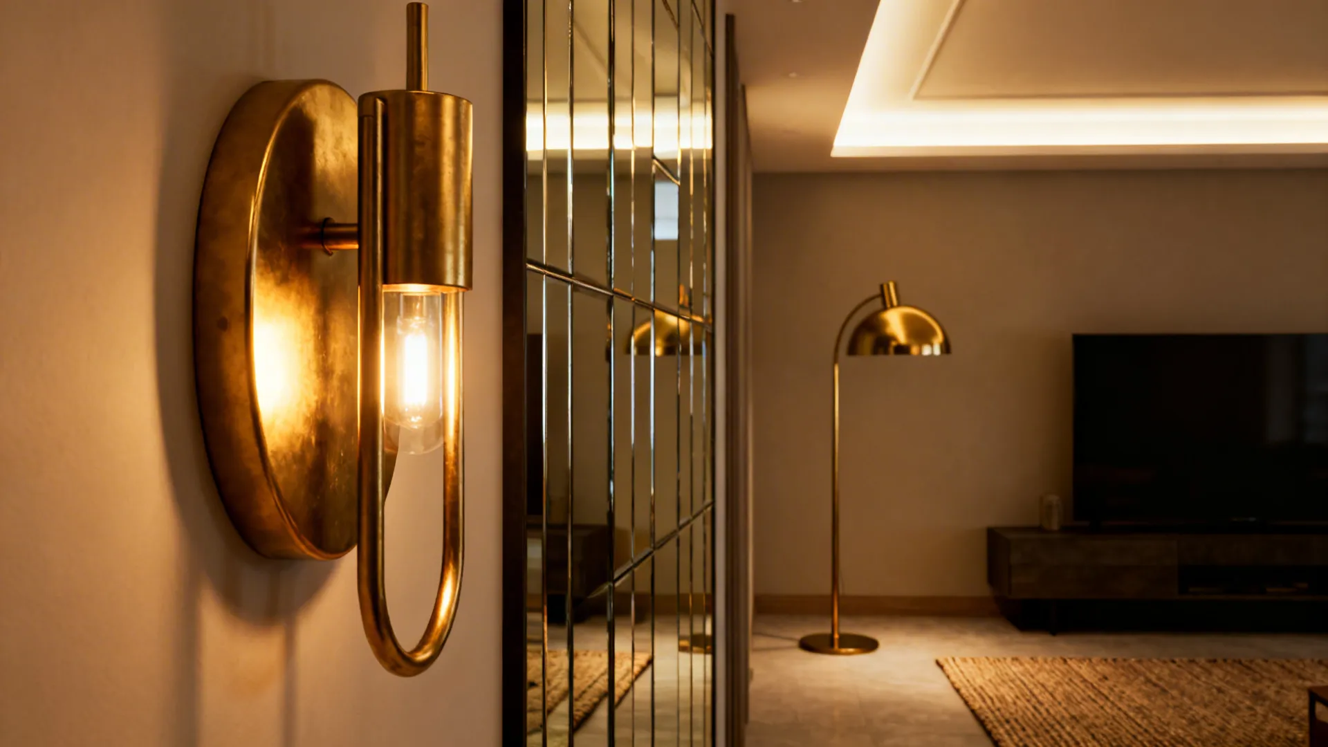 Warm gold lighting with brass sconce reflected in a mirror and brass floor lamp