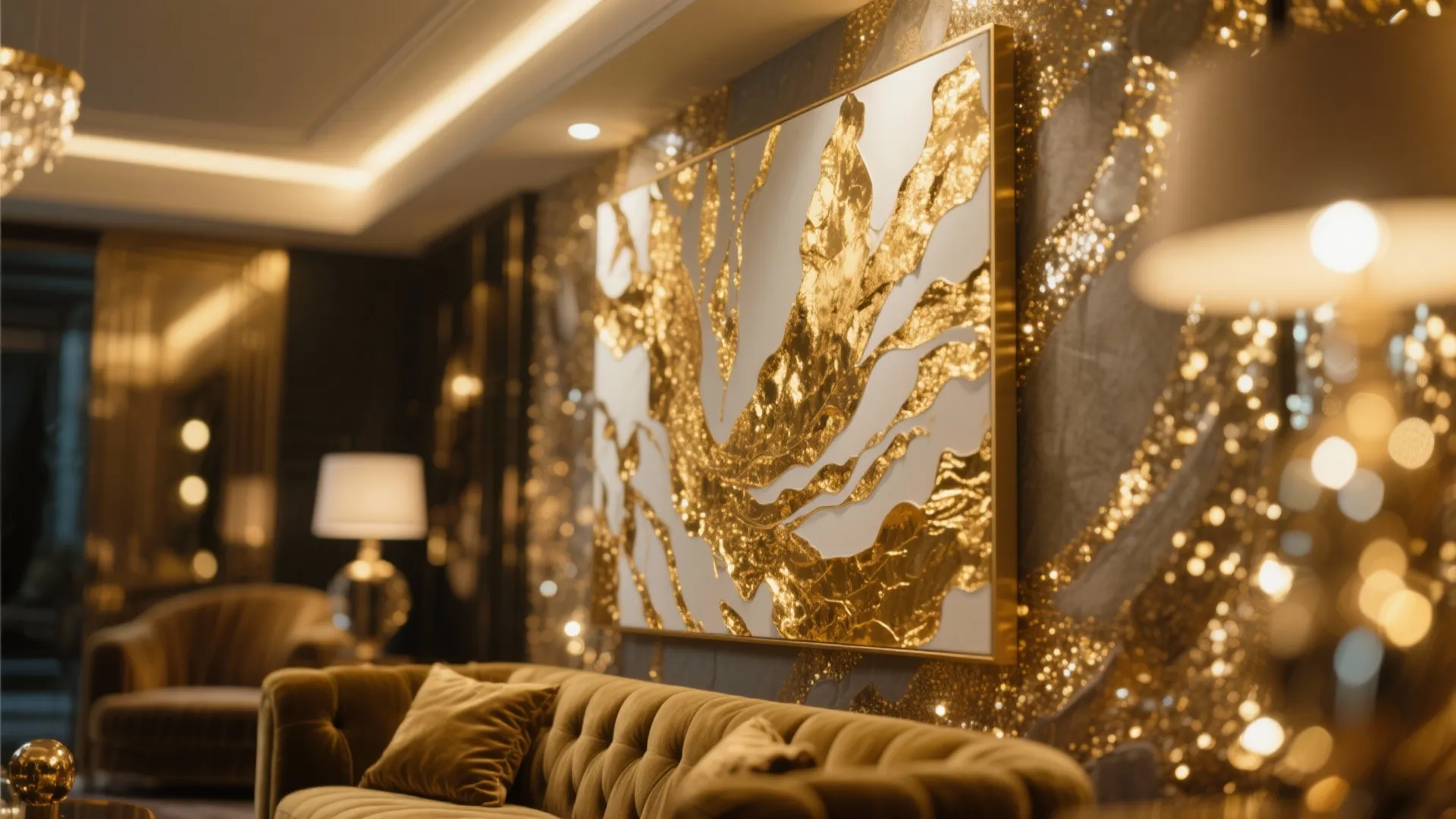 Gold-leaf detailed abstract canvas in luxurious living room