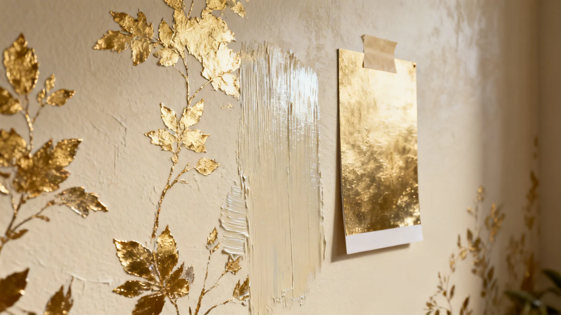 Cream accent wall with delicate gold leaf application sample panel.