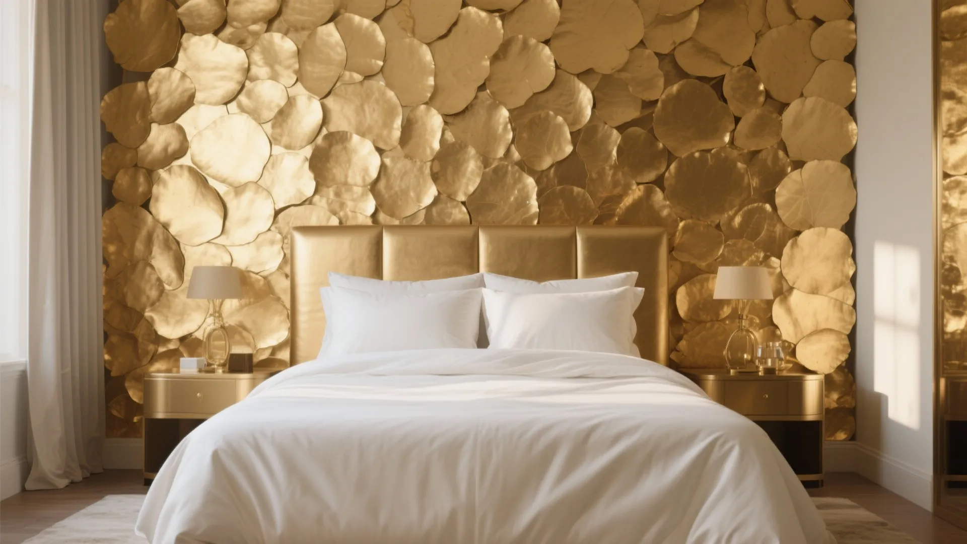 Luxury bedroom with gold leaf wall panel white bedding two gold side tables and lamps