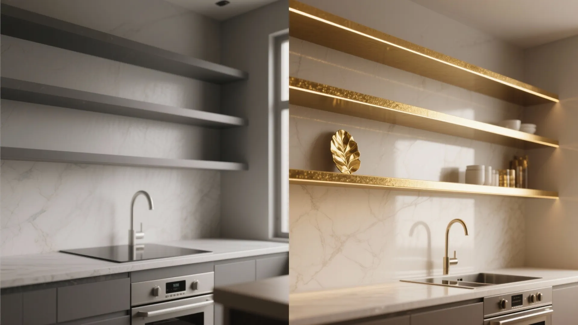 Before and after comparison of kitchen shelves being updated from grey to shiny gold finish