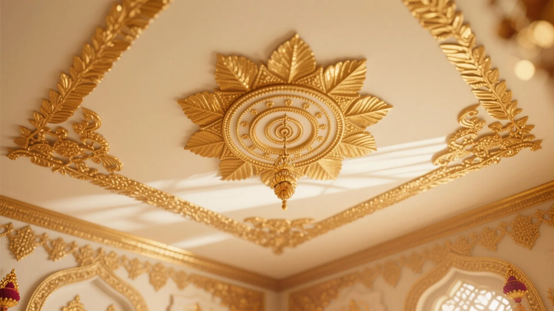 White ceiling decorated with gold leaf patterns and a large central gold flower light fixture decoration