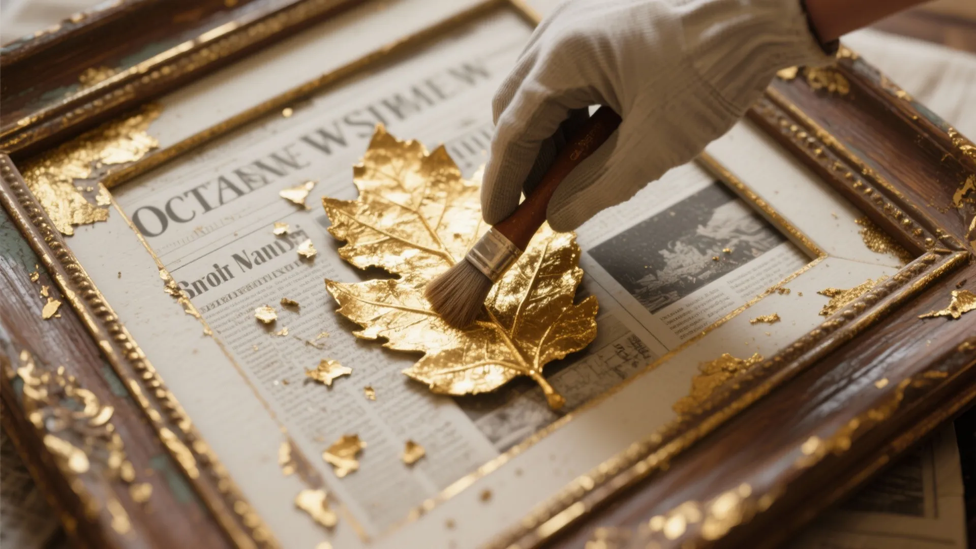 Hand in white glove using brush to apply gold leaf on leaf shape inside frame