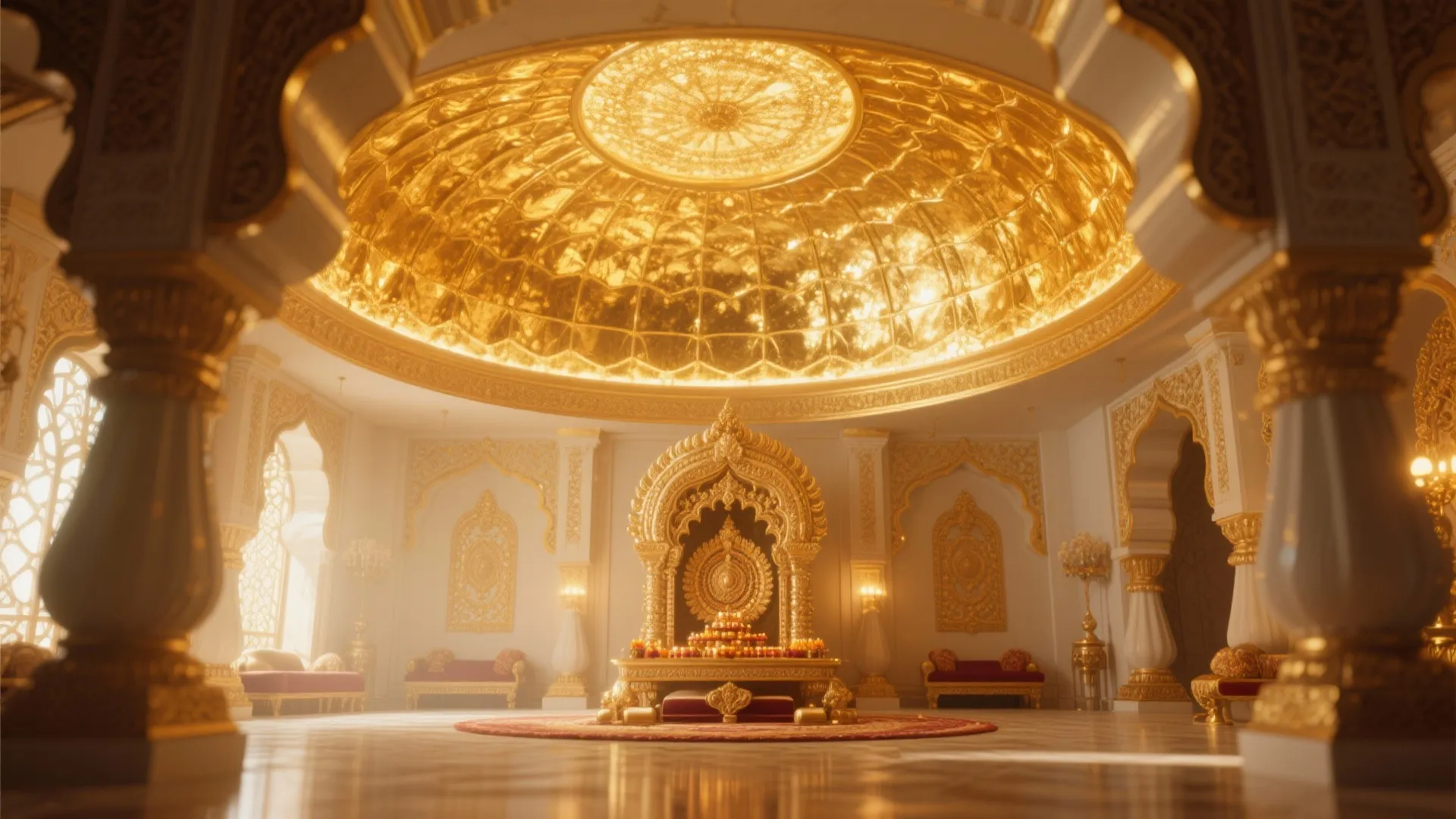 Luxury white room with a gold dome ceiling light and golden wall panels and red sofa