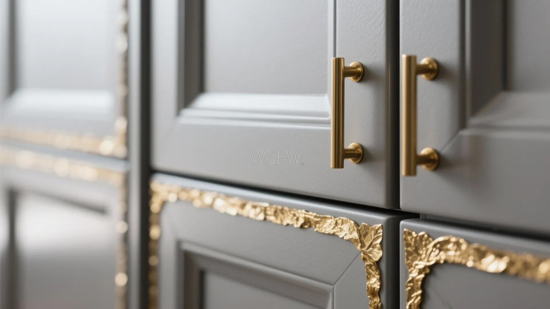 Close-up of grey cabinetry with delicate gold leaf edging