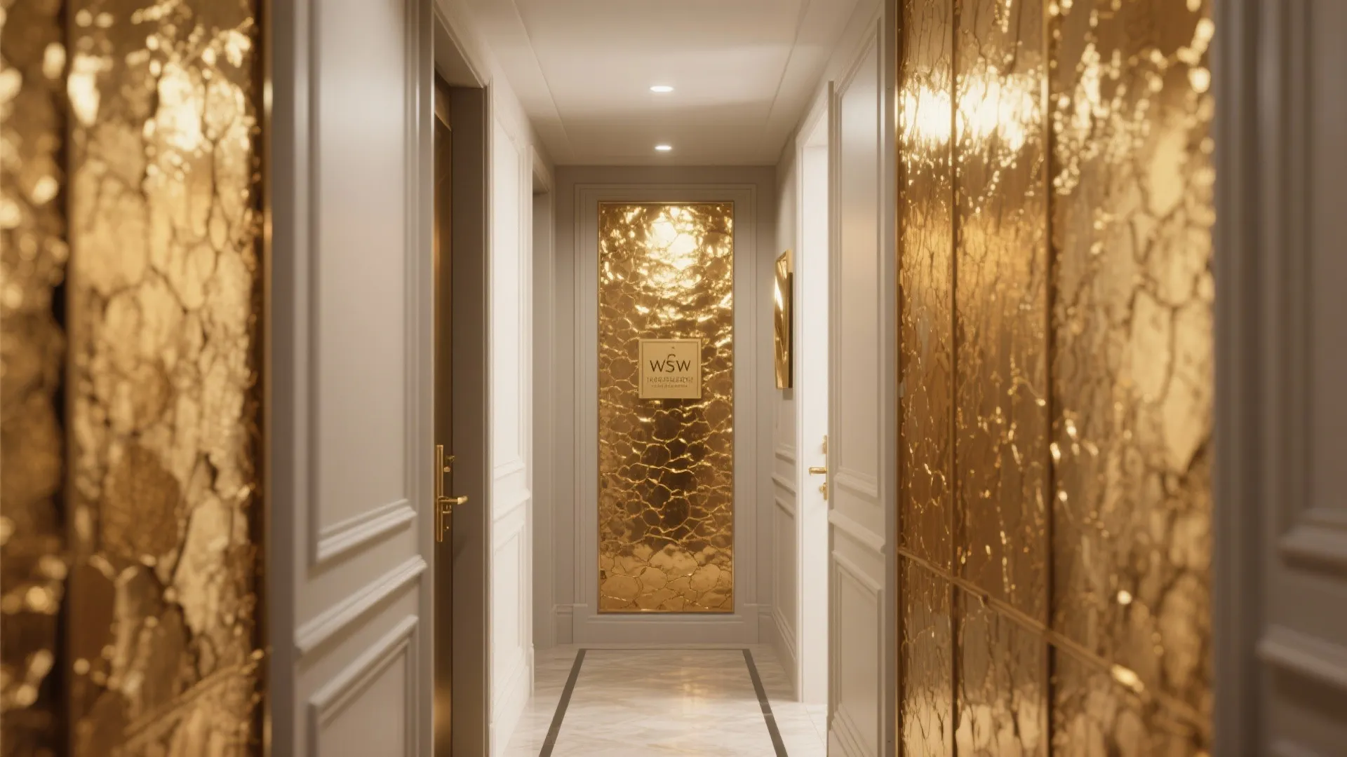 Luxury hallway with gold textured wall panels white doors marble floor and bright ceiling light