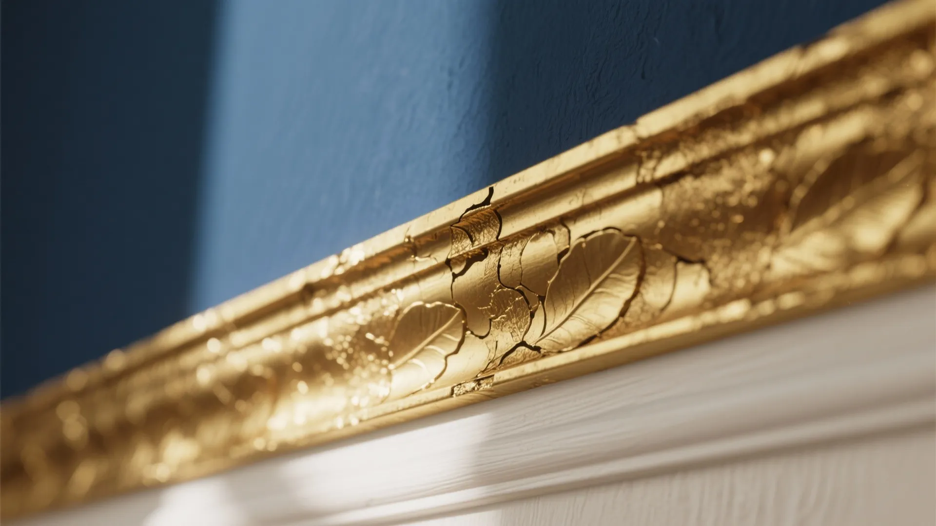 Close up view of golden wall panel with leaf patterns against a dark blue textured wall