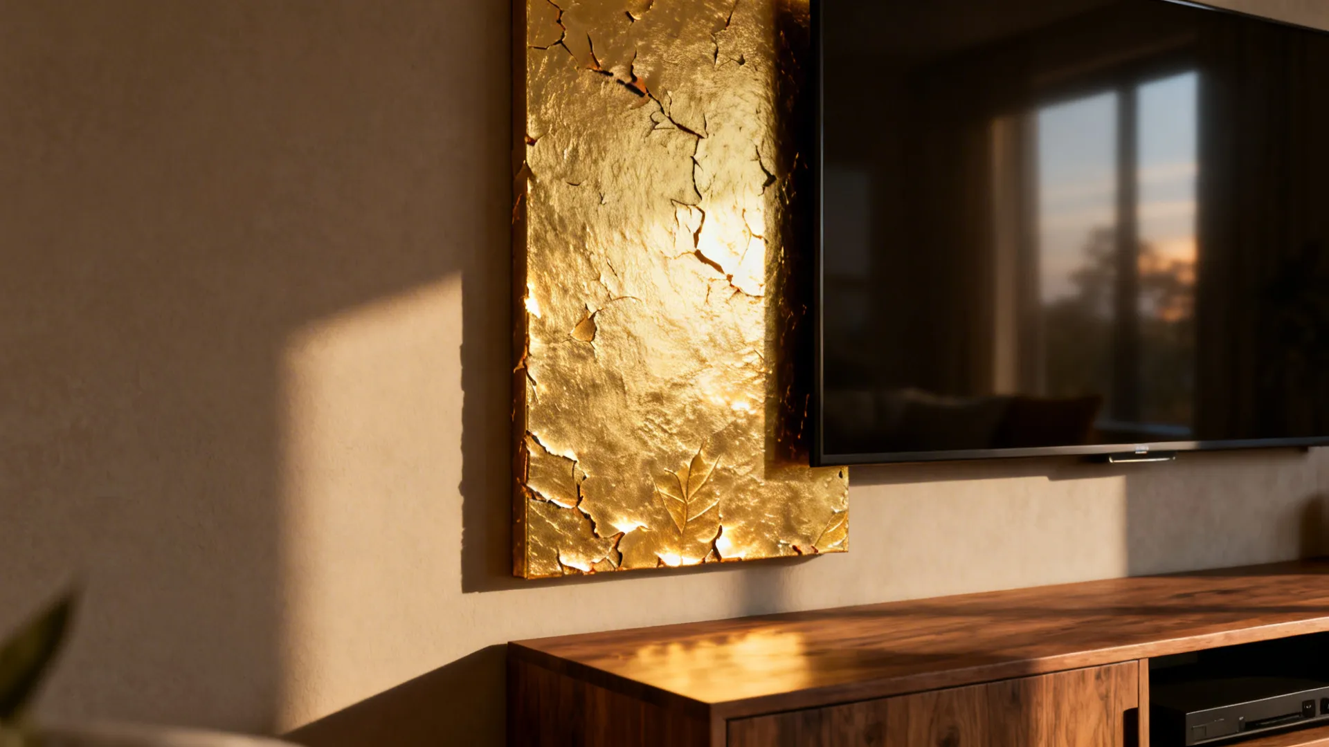 Textured gold leaf panel above a media console, reflecting warm daylight into corners.