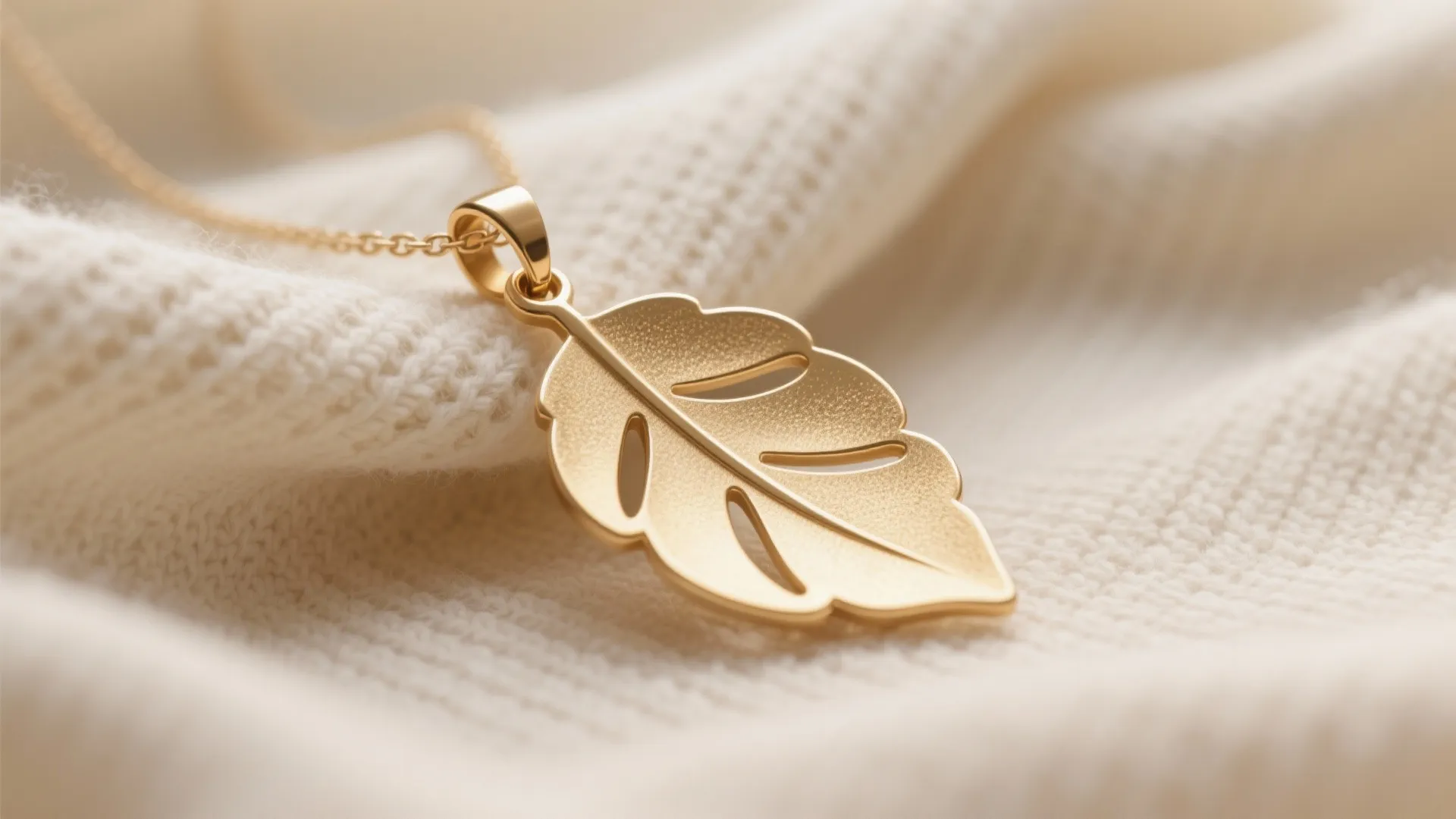 Macro of a delicate gold leaf pendant with rounded edges and brushed finish on knit fabric.