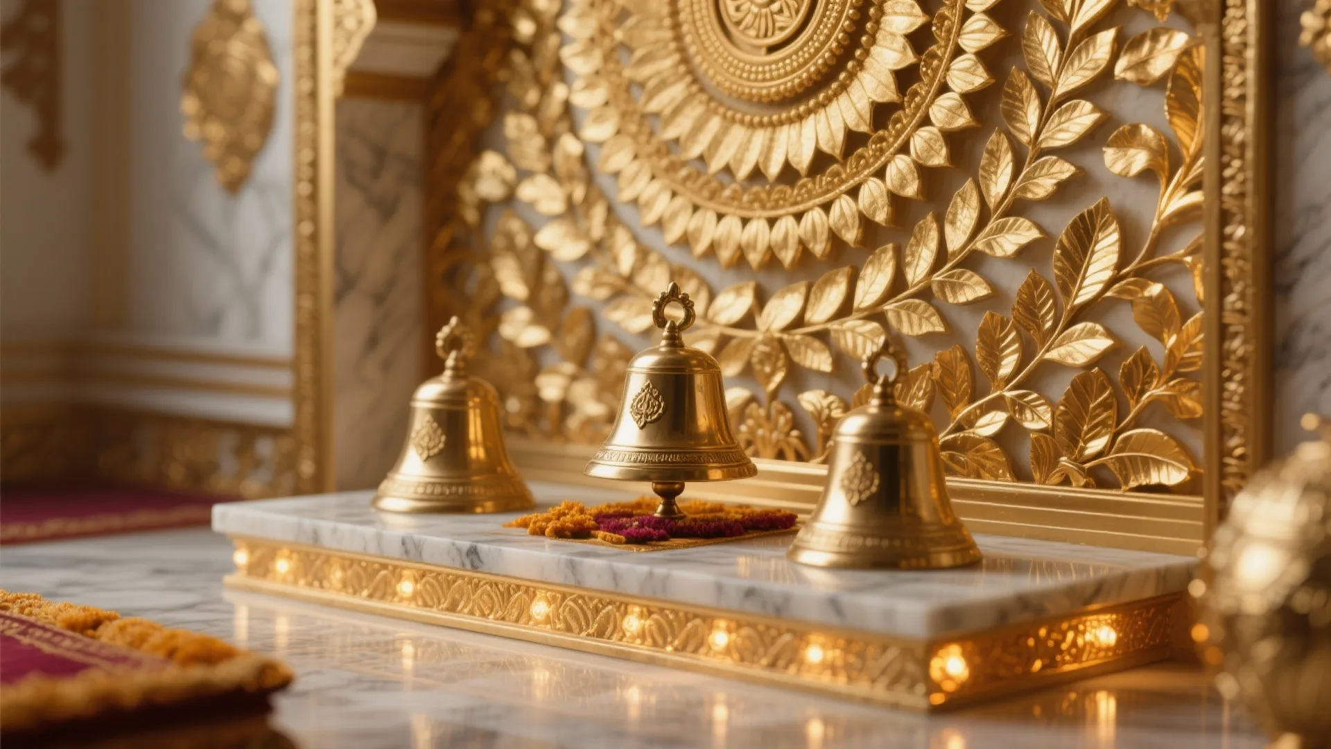 Three small gold bells on marble stand with detailed gold leaf wall art in background
