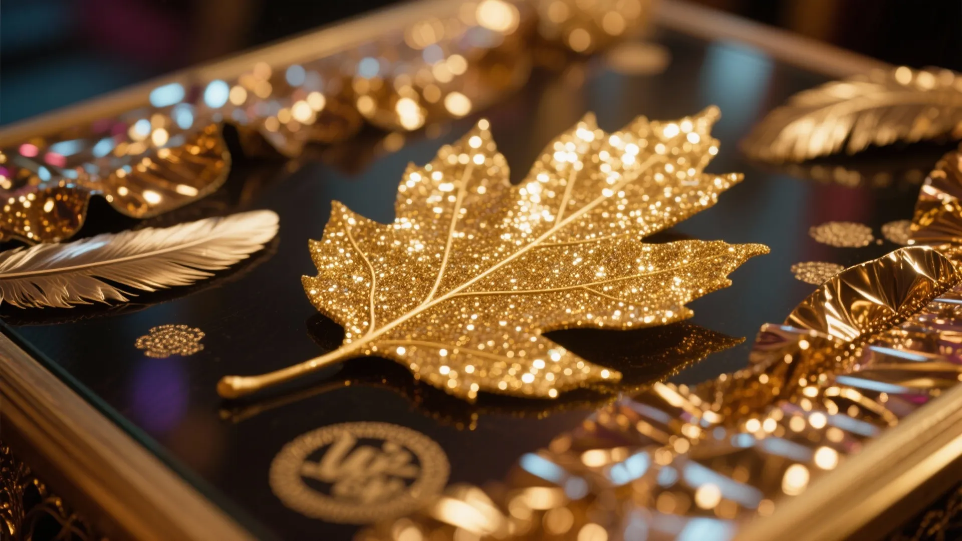 Close-up of gold leaf coffee table with Carnival-inspired feather trim and metallic foil