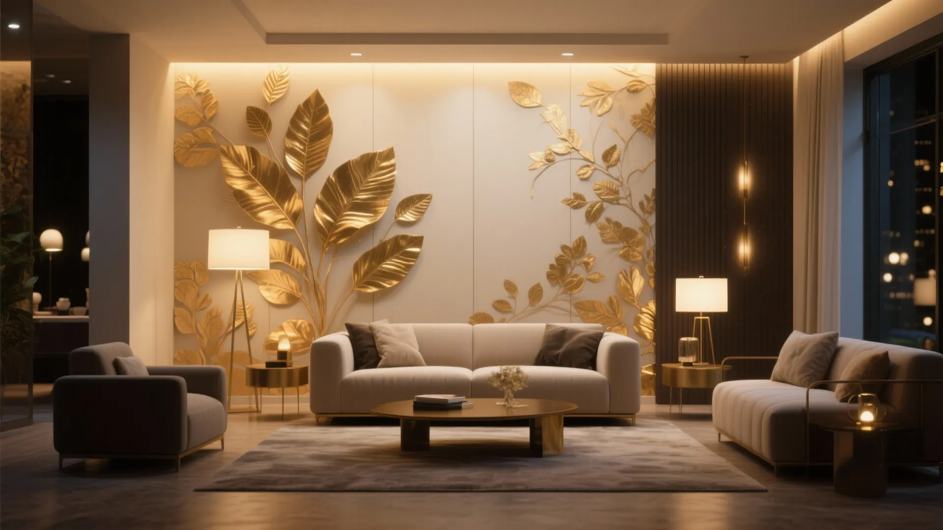 Living room featuring a gold leaf wall panel design with warm lighting and comfortable furniture