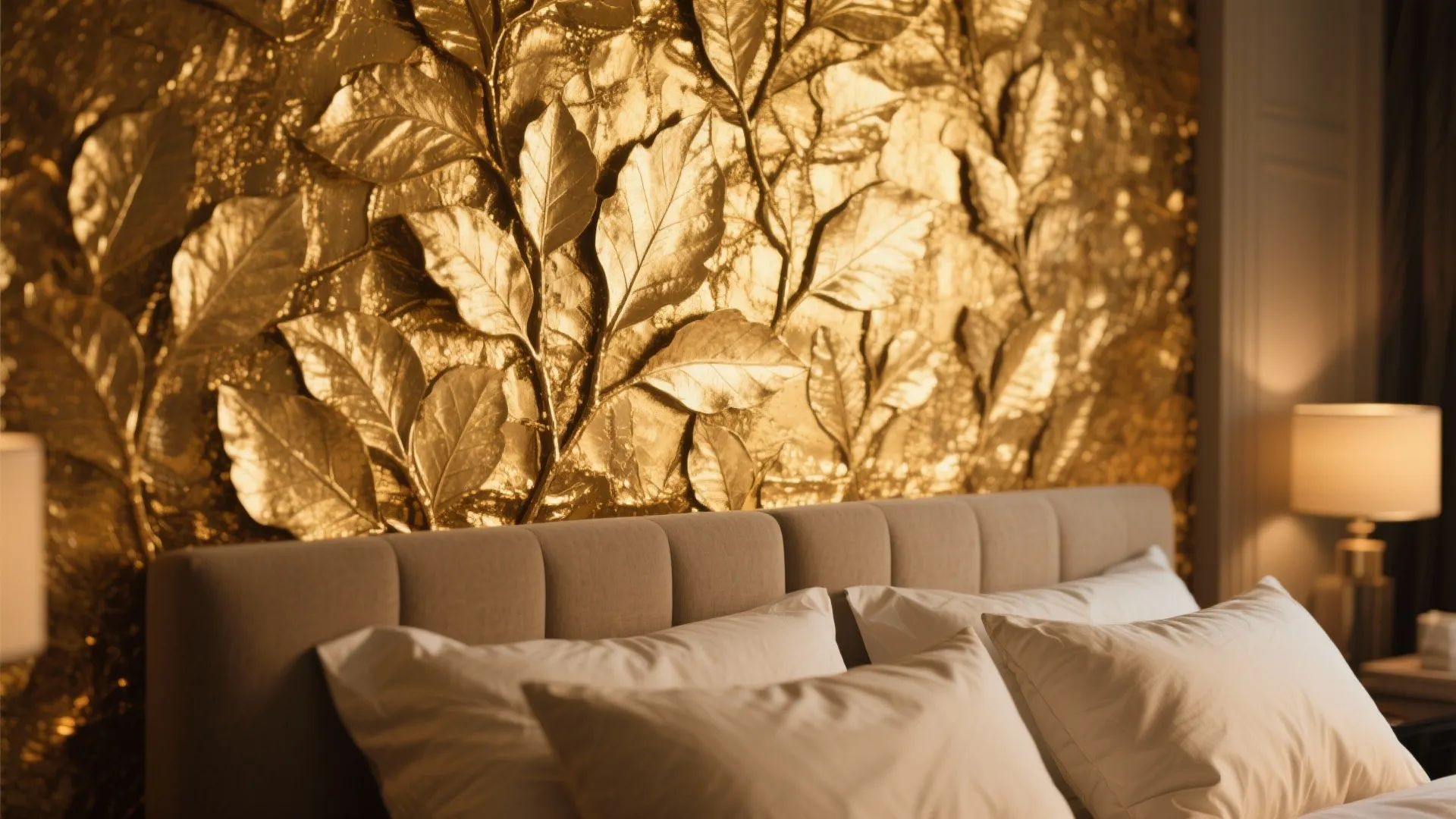 Golden textured leaf wall panel behind a bed with white pillows and a warm light
