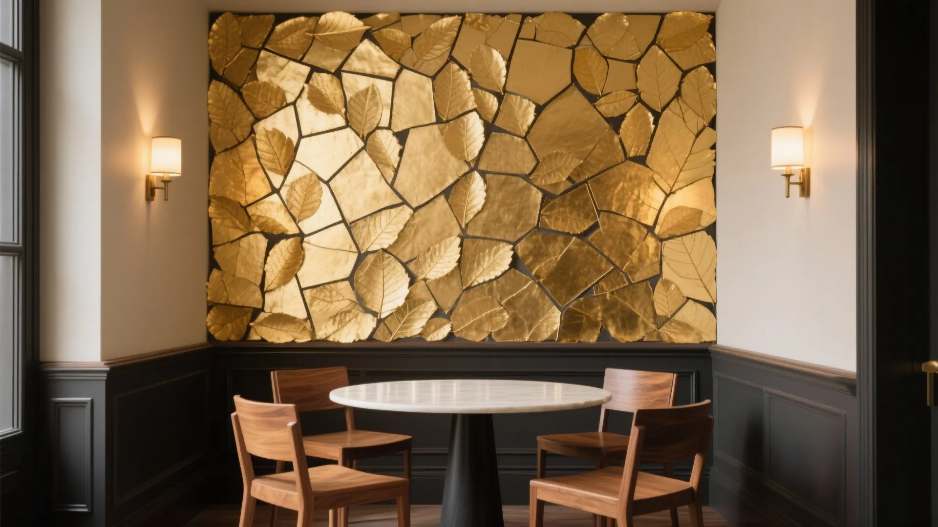 Round white dining table with wooden chairs two wall lights and gold leaf wall panel