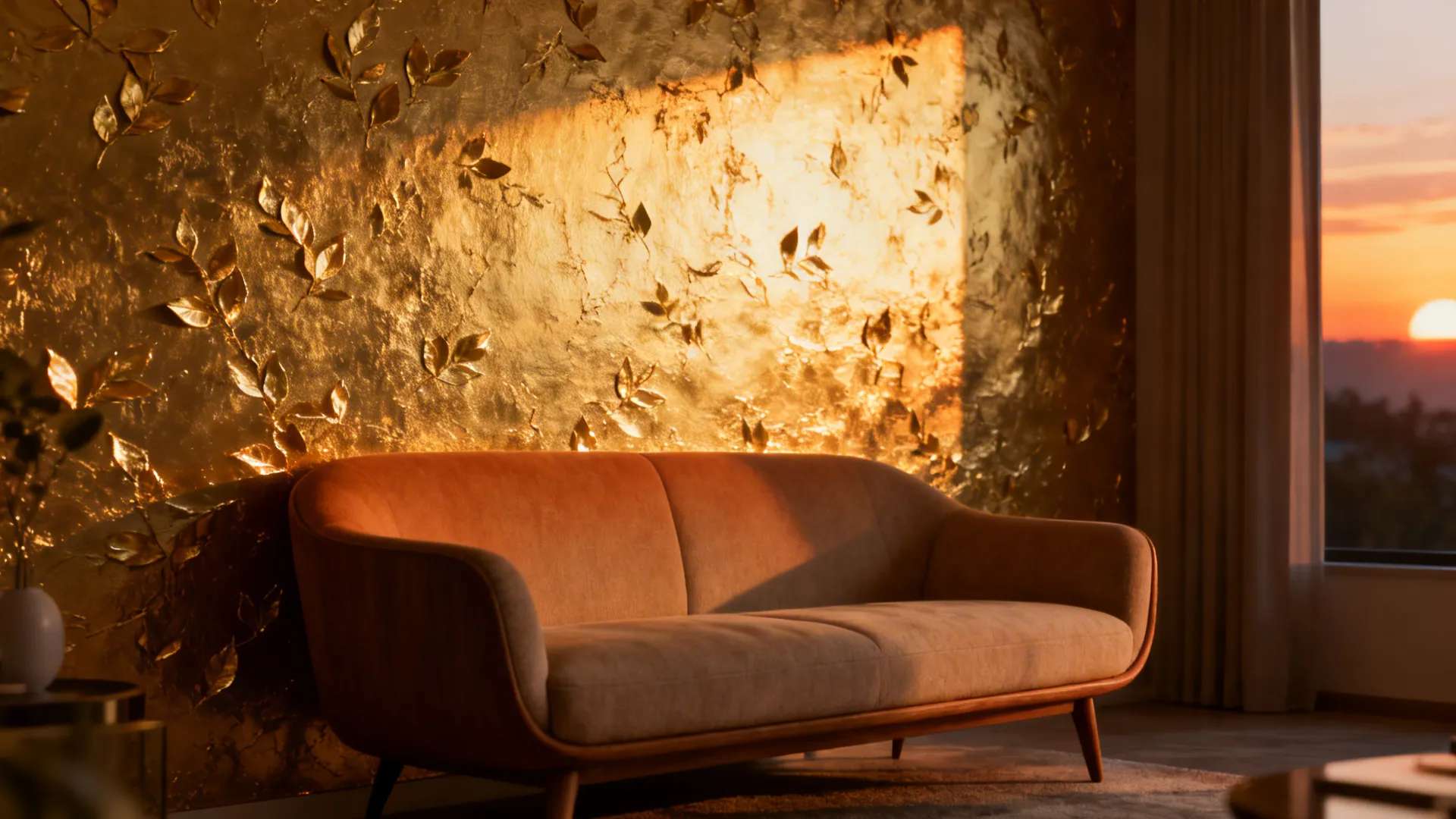 Small living room with a tactile gold leaf accent wall catching warm evening light