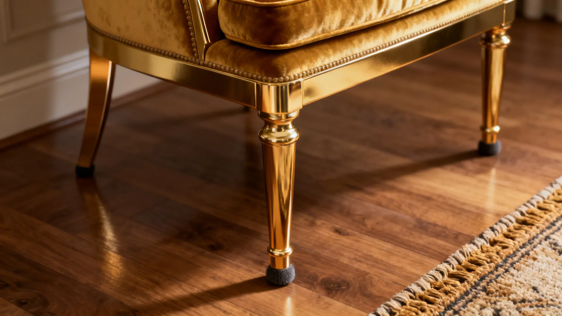Gold metal legs of a yellow velvet sofa with floor protectors on a wooden floor