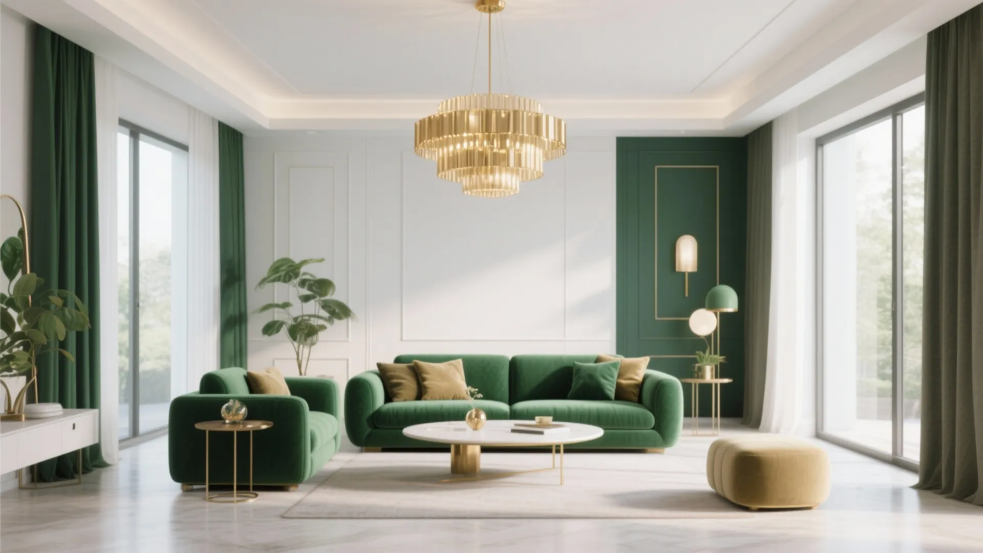 Luxury living room featuring green sofa gold ceiling light marble coffee table and large windows