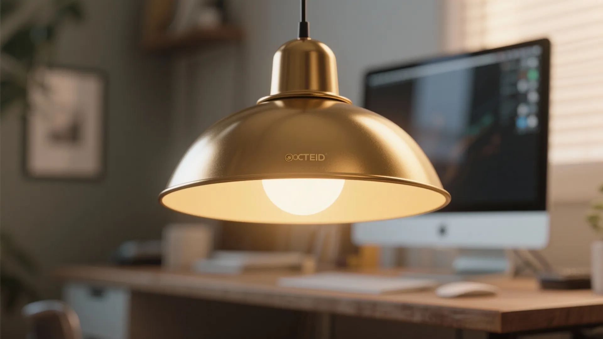 Close up of a gold ceiling light hanging above a wooden desk with a computer monitor