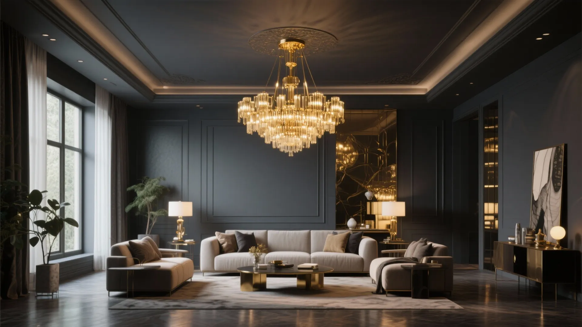 4. Statement Gold Lighting Against a Gray Ceiling