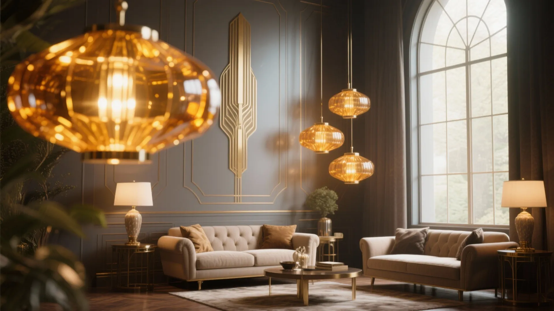 Amber glass pendant lights in Art Deco living area