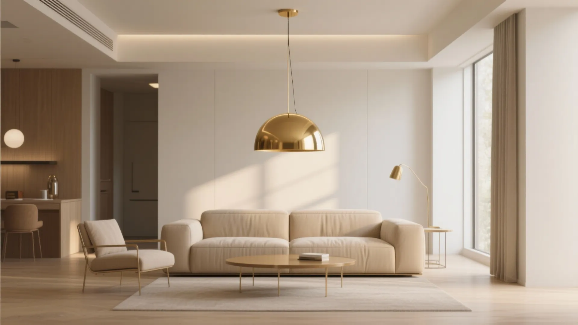 Minimalist living room with a large gold ceiling light above a tan sofa and table