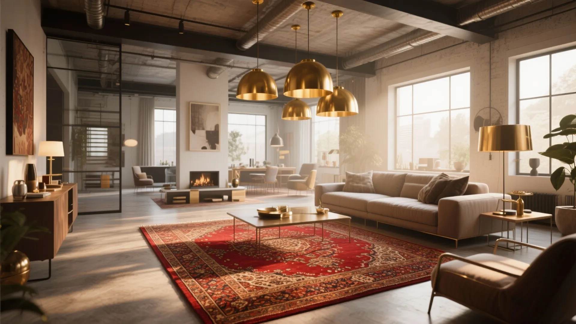 4. Golden Lighting Fixtures over Red Rugs