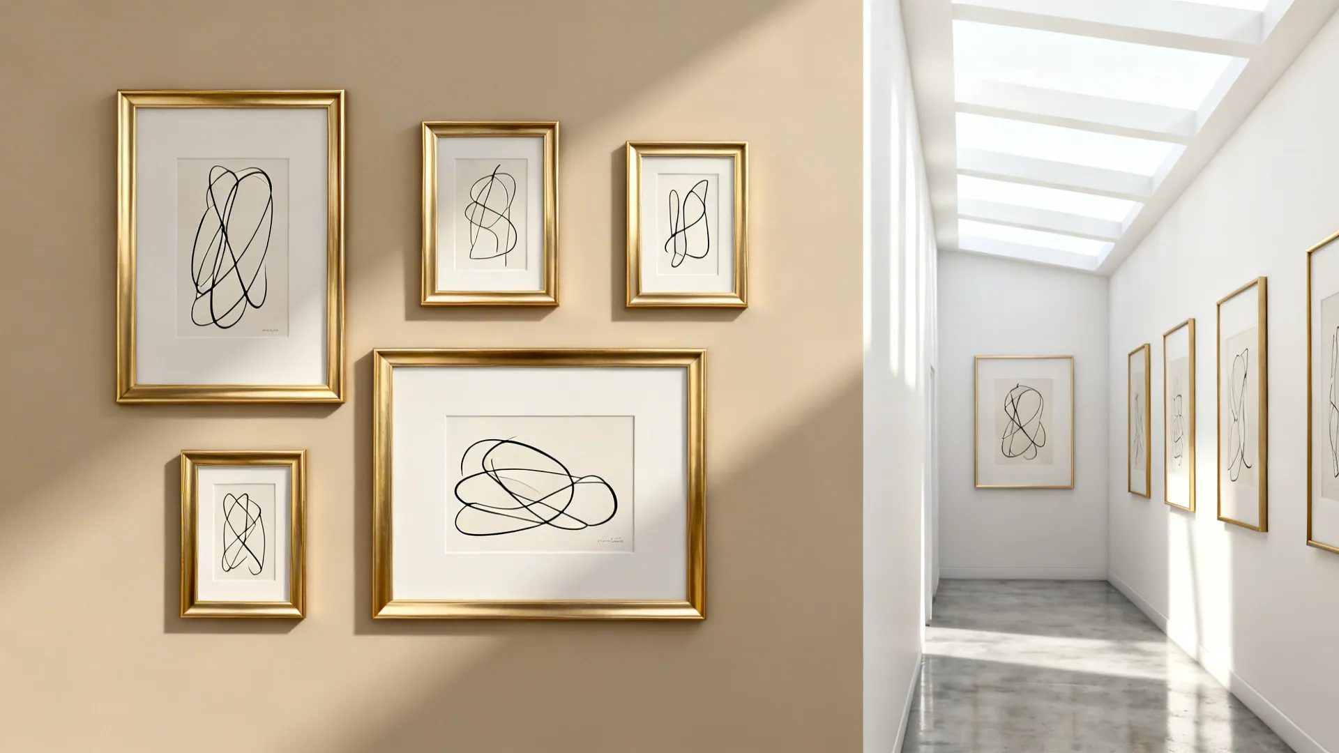 Thin gold frames with minimalist line drawings arranged in a balanced composition in a narrow corridor