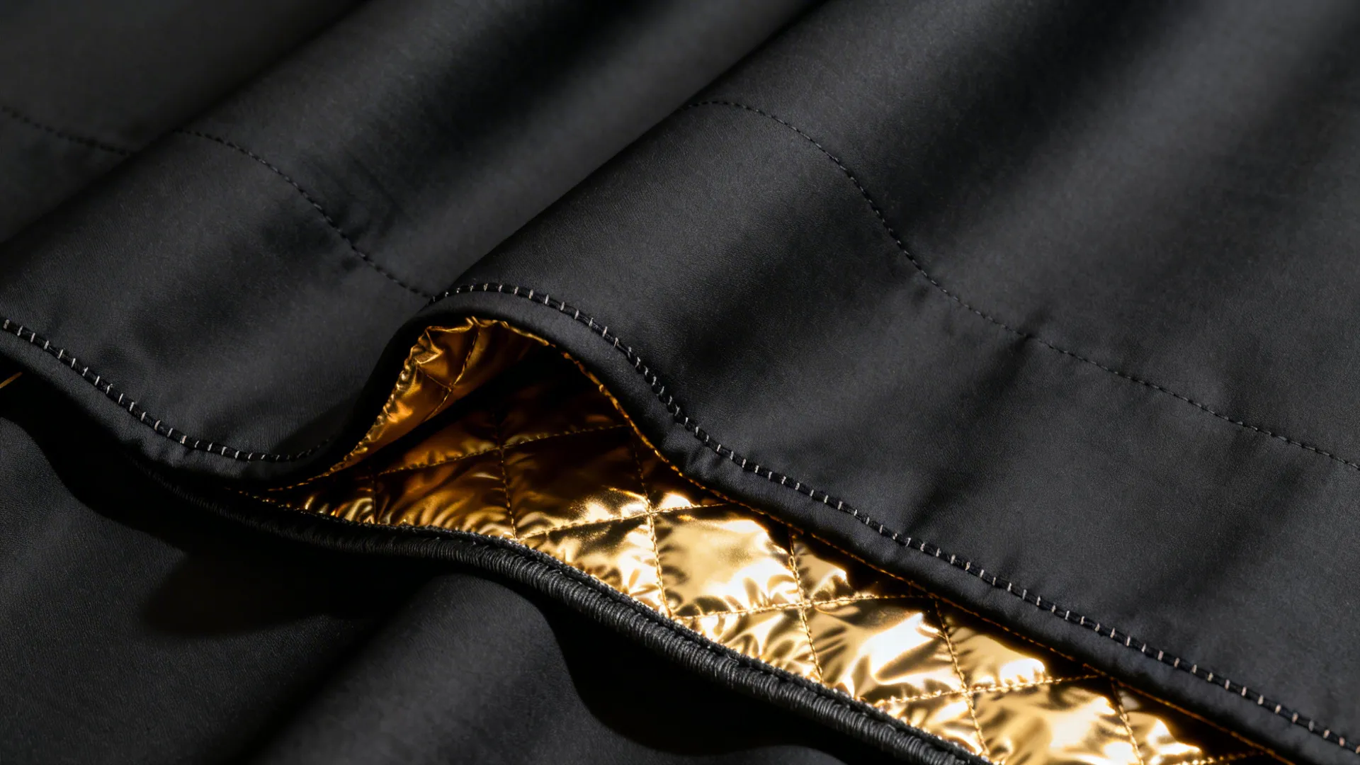 Close-up view of black curtain fabric showing a shiny gold quilted lining with stitched diamond patterns