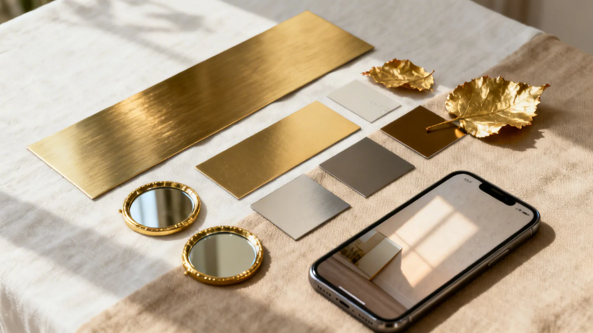 Flatlay of gold finish samples including metal swatches, small mirrors, and gold leaf on a neutral background.