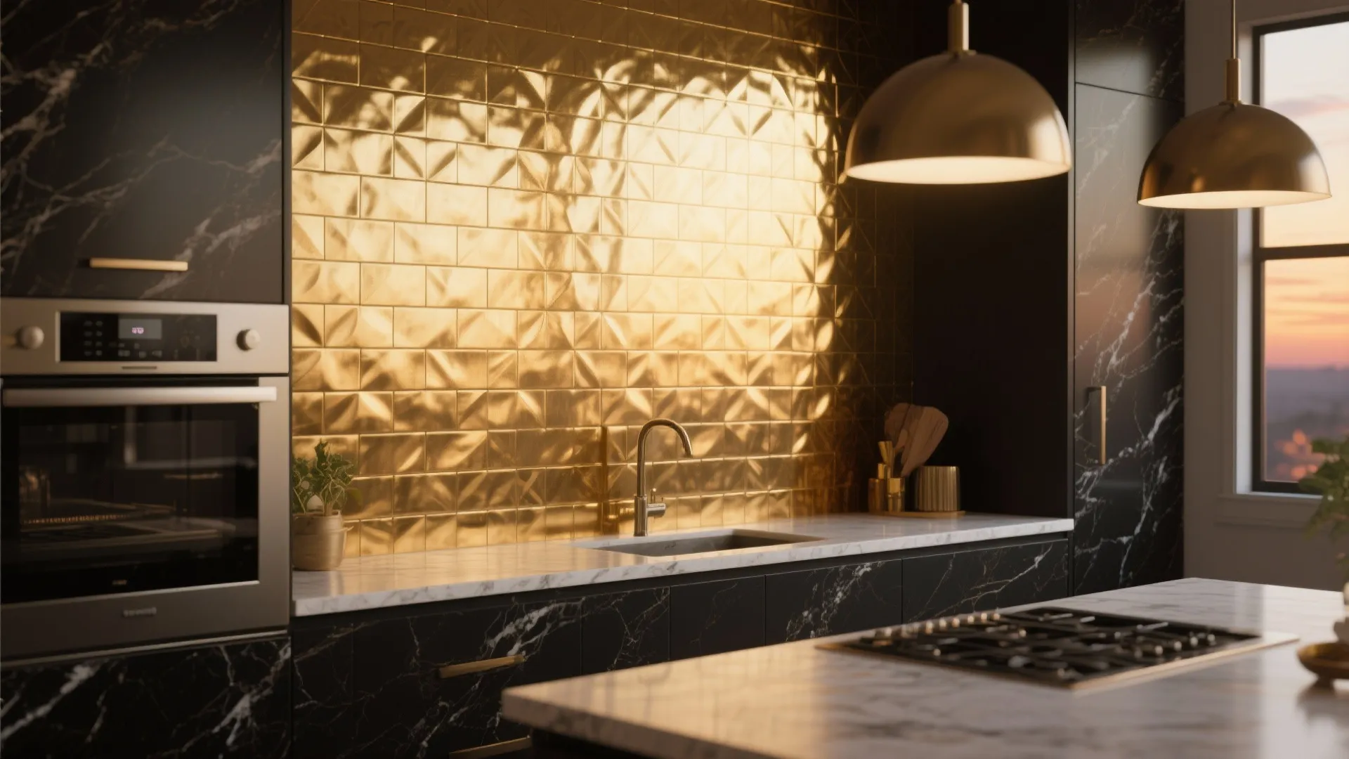 Luxury kitchen with gold textured wall tiles and black marble cabinets plus two ceiling lights