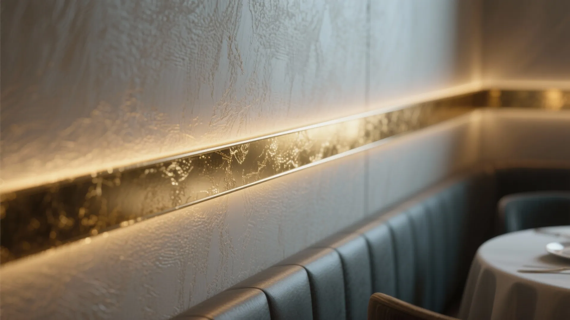 Close up of textured wall with golden metal stripe and warm light above a leather bench