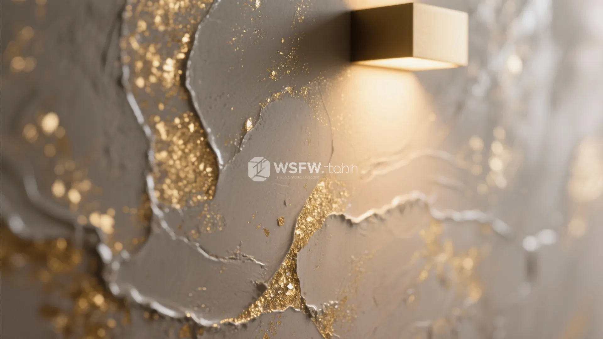 Close up of textured grey wall with gold glitter details illuminated by warm wall light