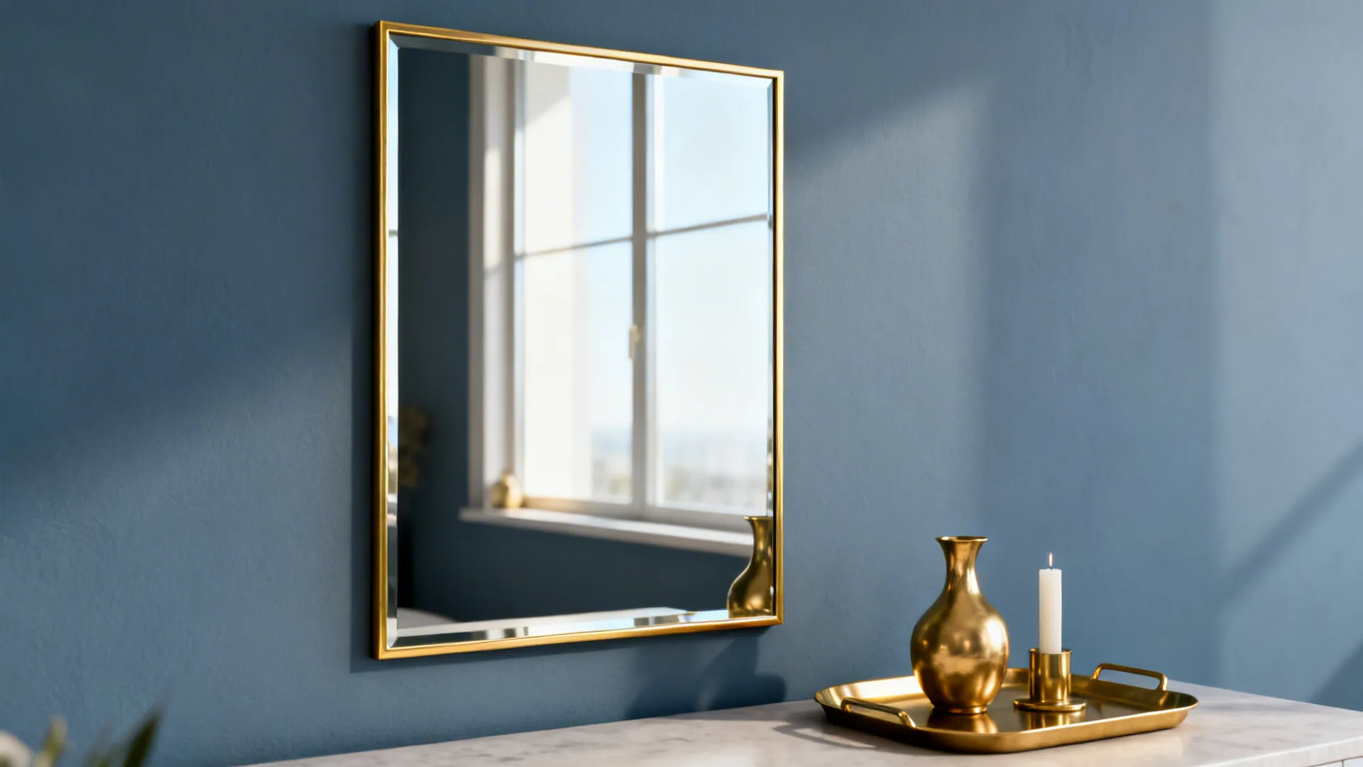 Thin gold-framed mirror and curated small gold accessories on a blue-grey wall.
