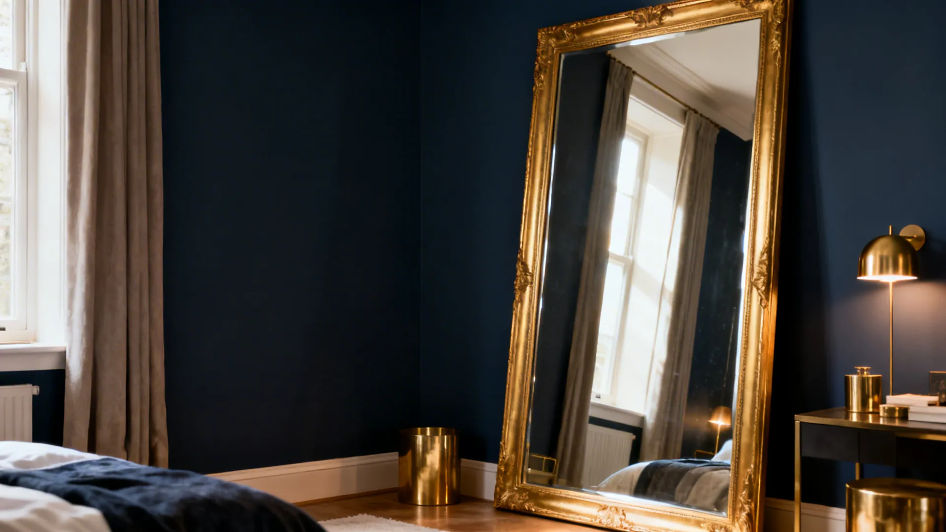 Gold-framed mirror leaning on a navy wall reflecting light and making the small room feel larger.