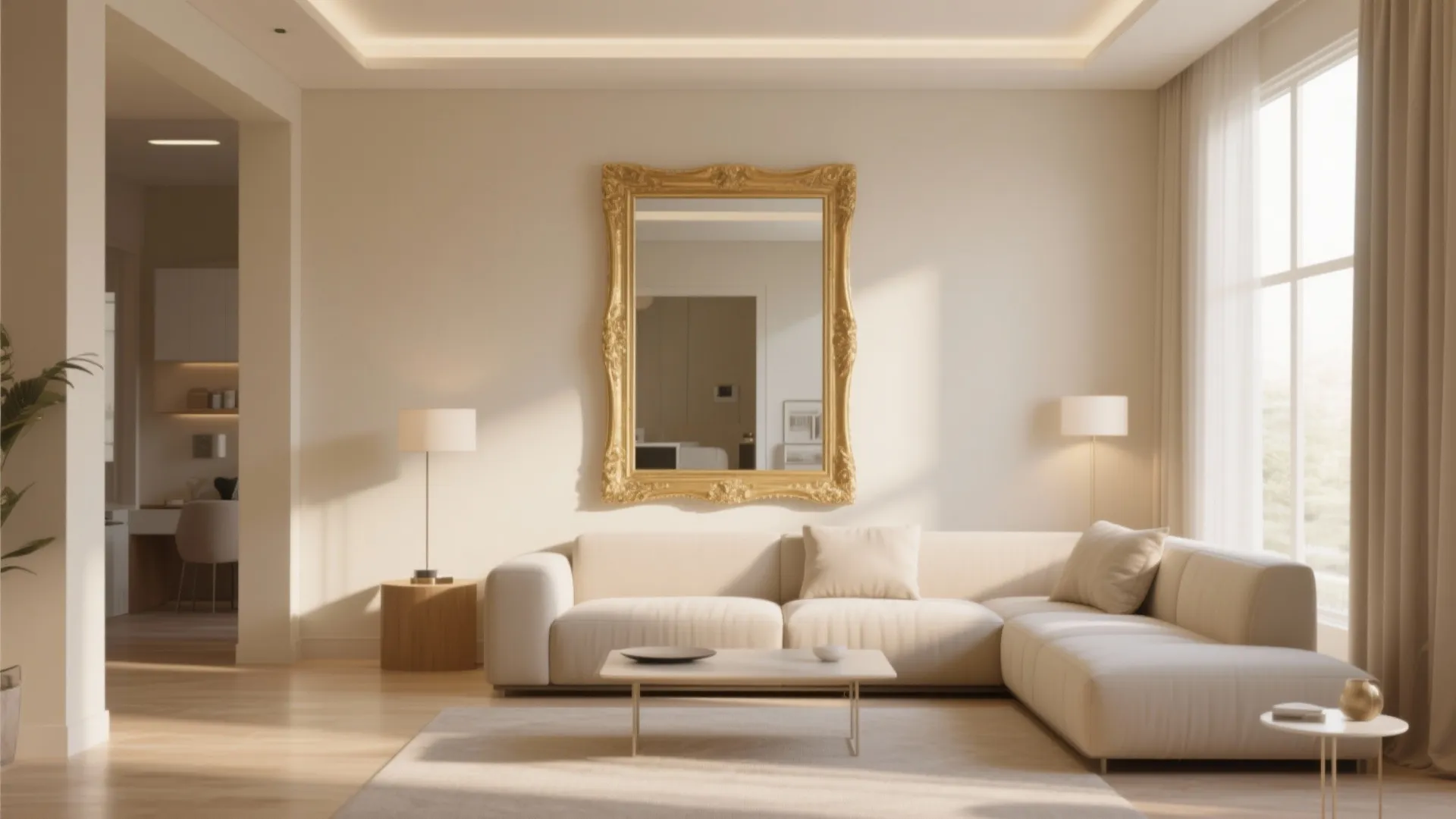 Modern living room with a large gold mirror above a cream sofa and white curtains