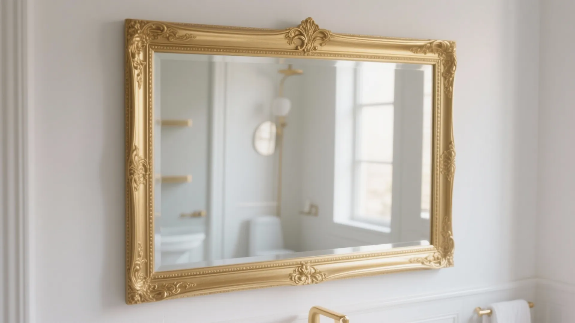 Large rectangular gold ornate mirror hanging on a white wall above a white bathroom vanity