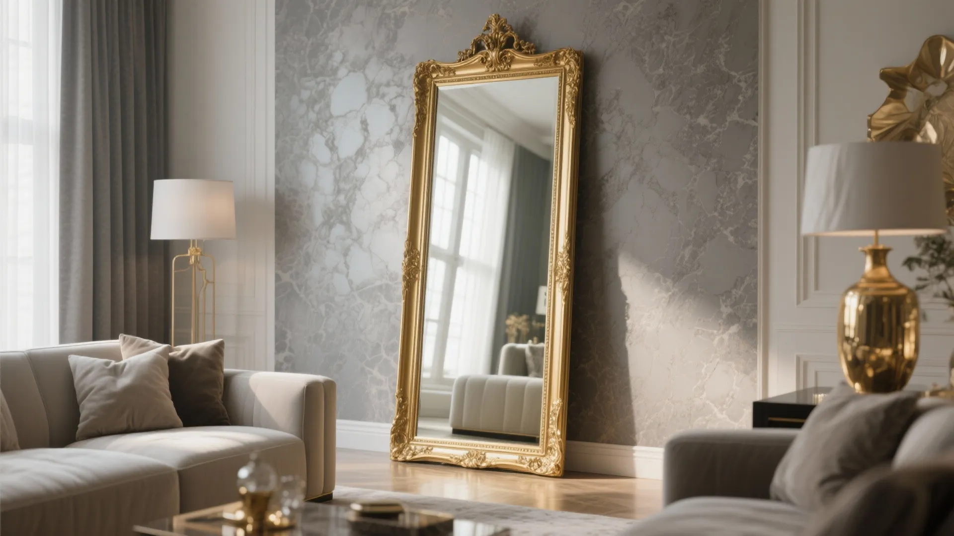 Large gold-framed mirror against a textured grey wall