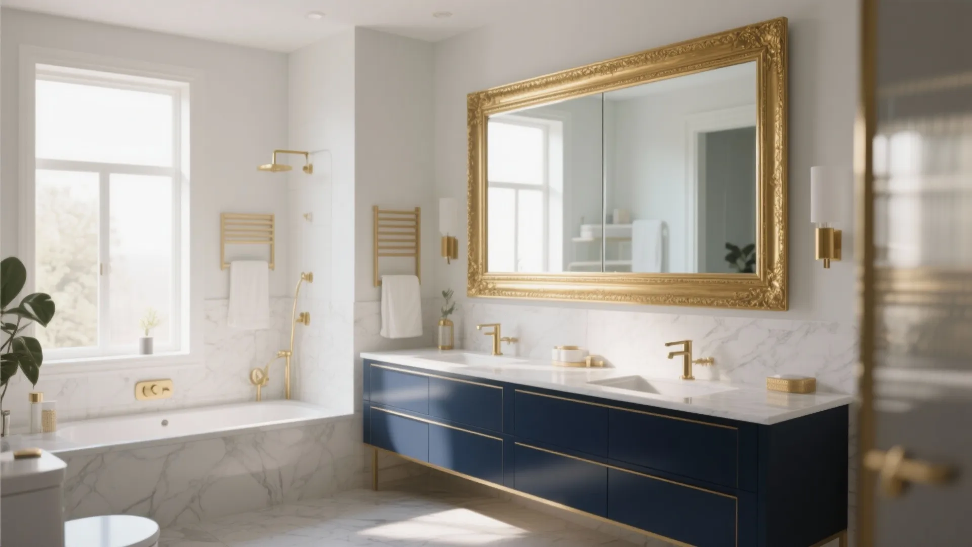 Tip 3: Golden Mirrors and Navy Vanities