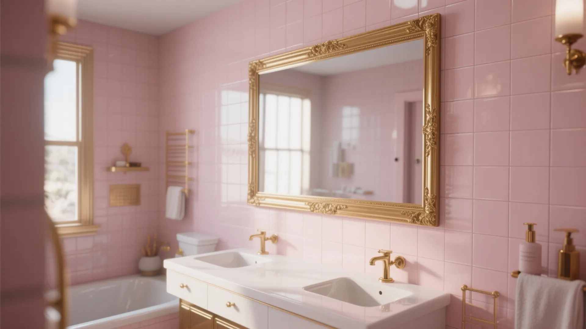 Statement Gold Mirror on Pink Tiles