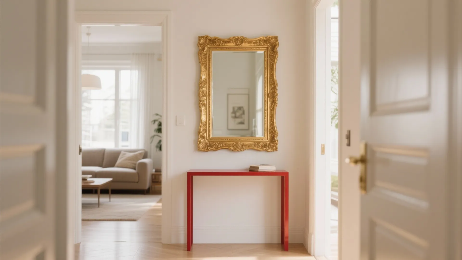 8. Gold-Framed Mirror over Red Console