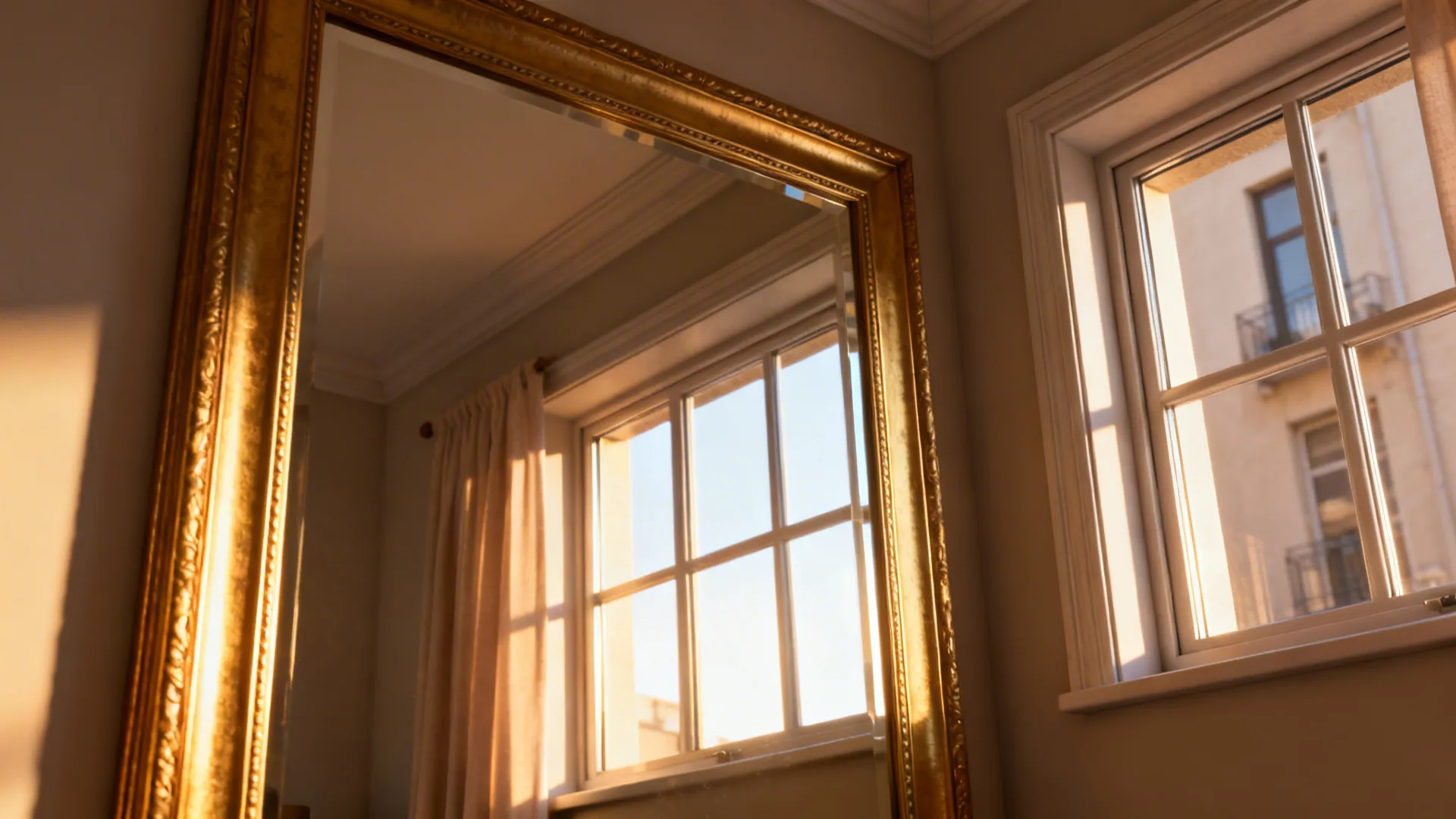 Large gold-framed mirror opposite a window, reflecting light and enlarging a small apartment space.