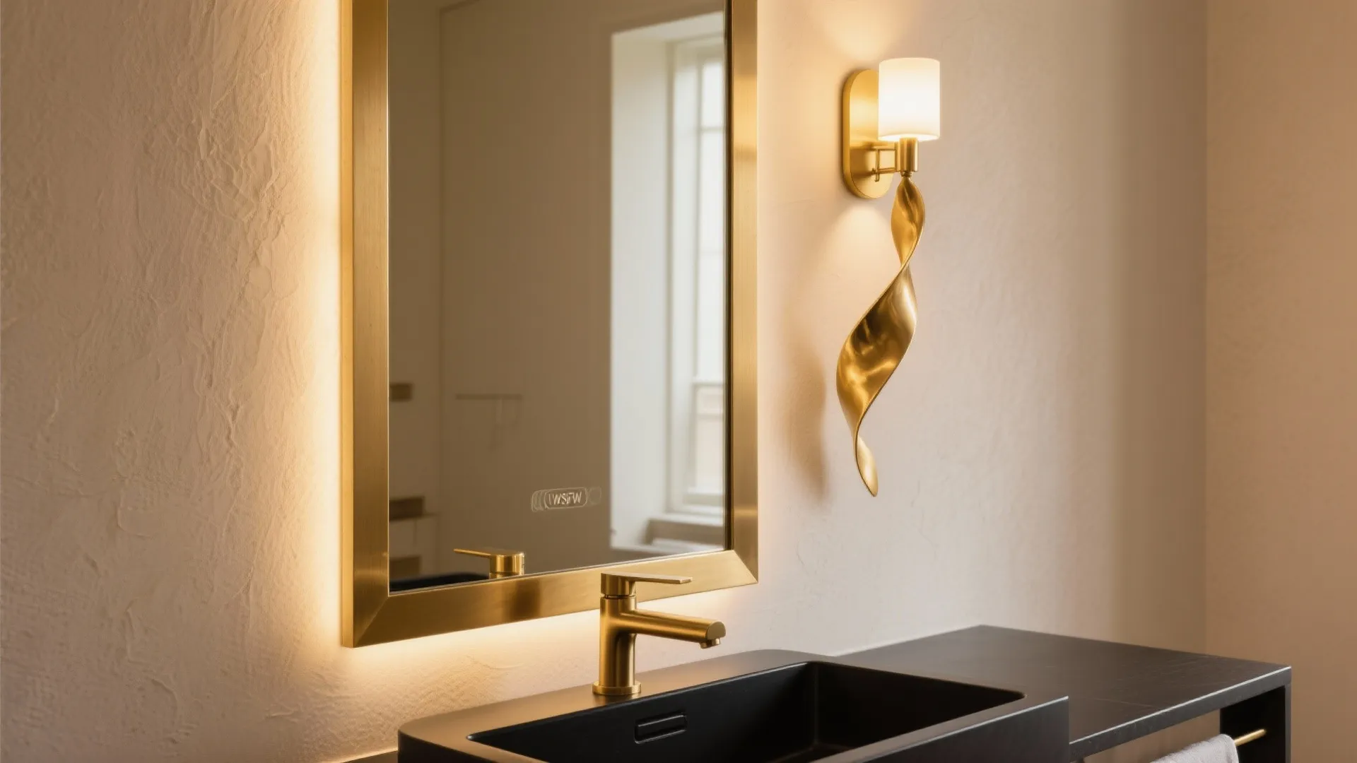 3. Gold-Framed Mirror and Statement Lighting