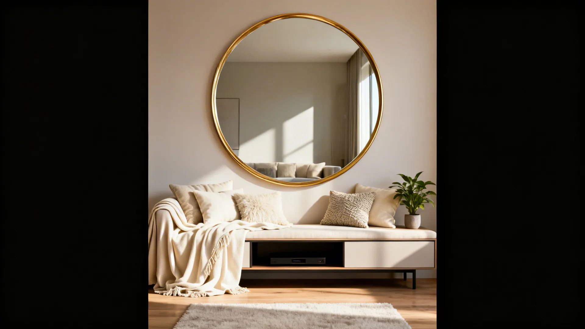 Round gold-framed mirror above a media console with layered cream textiles.